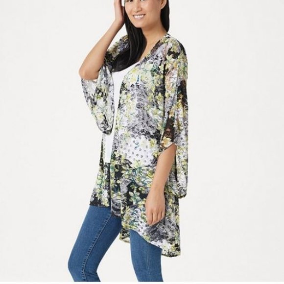 Susan Graver Tops - Printed Stretch Lace Drape Front Cardigan 725